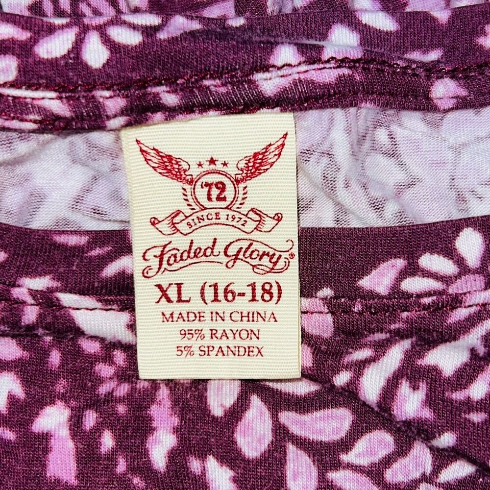 Faded Glory Top Womens XL Short Sleeve Blouse Burgundy Cottage Print Peplum Hem - Picture 8 of 13